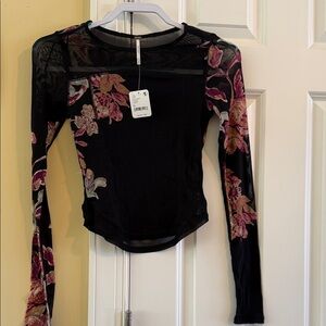 Free People Black and Pink Floral Mesh Blouse